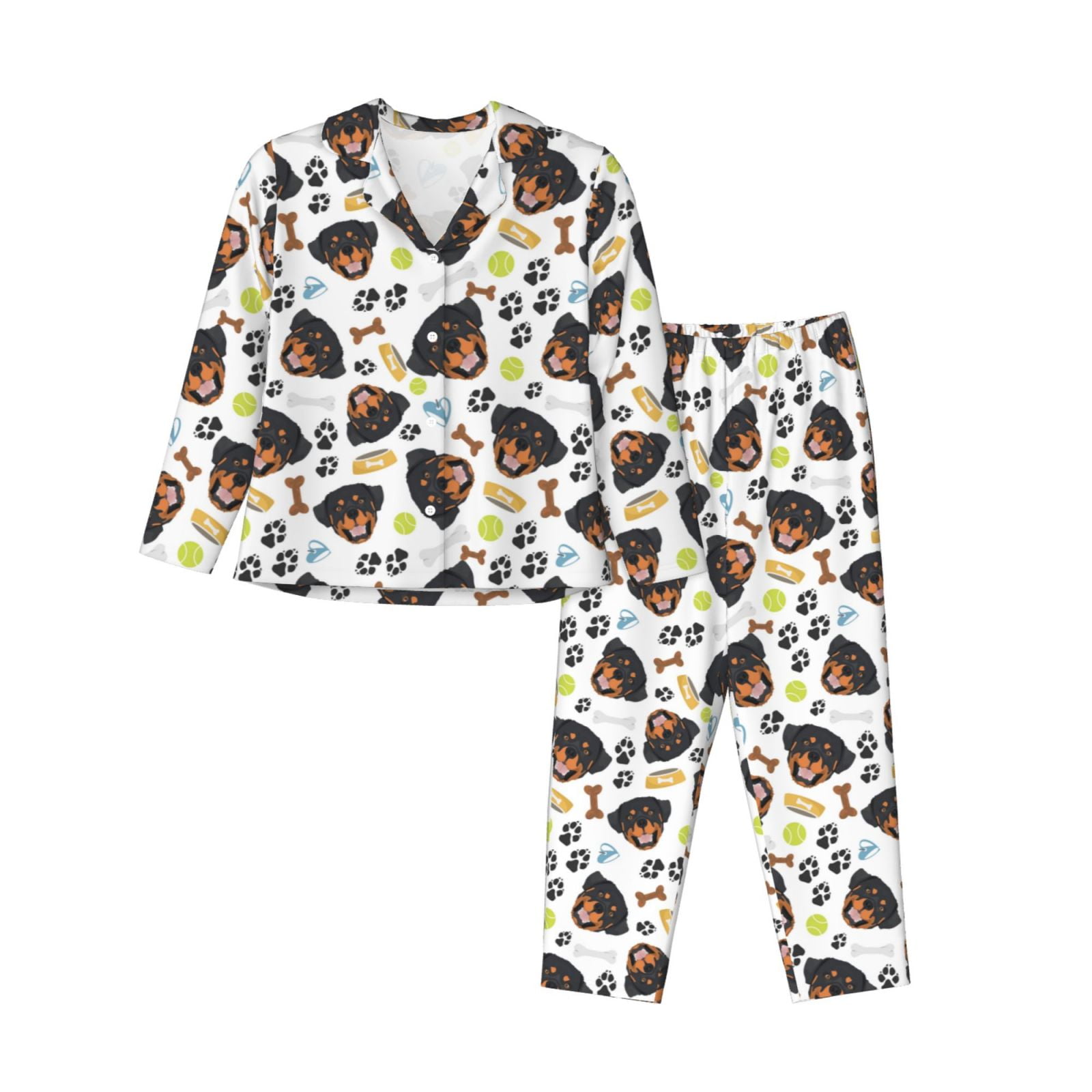 Women's Rottweiler Pattern Pajama Set - Long Sleeve Button-Down PJs & Lounge Wear