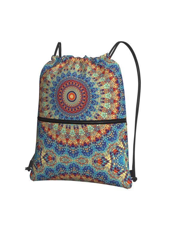 Round Mandala Print Drawstring Backpack Water Resistant String Bag Sports Sackpack Gym Sack for Men Women