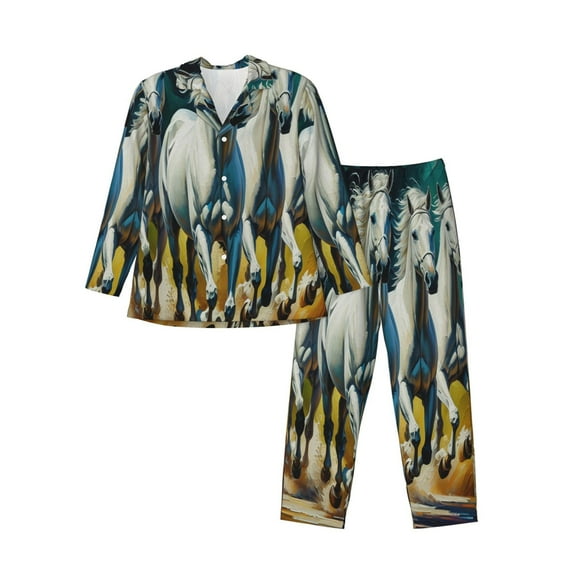 Fuzoiu Running horses Print Men's Long-Sleeved Pajama,Lounge Button Down Nightwear,Mens Notch Collar Pajama Set-Medium