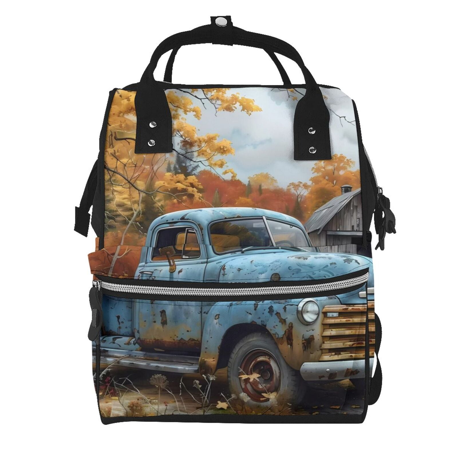 Fuzoiu Rustic Vintage Truck Autumn Print Diaper Bag Backpack,Baby Essentials Travel Tote,Multi function Waterproof Diaper Bag, Travel Essentials Baby Bag - Unisex