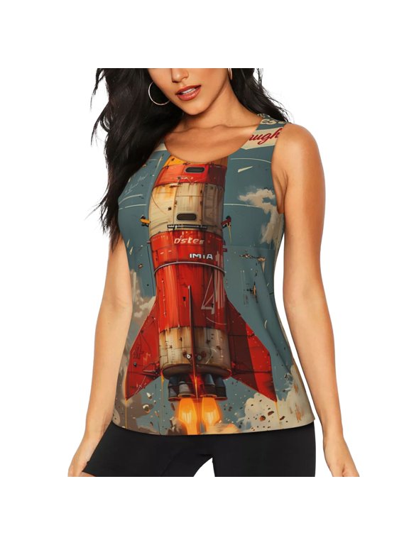 Rusty Rocket Launch Print Women's Workout Tank Top,Athletic Racerback Sports Tank,Tops Sleeveless Running Loose Fit Yoga Tops,Active Shirts for Yoga, Running, and Gym-Medium