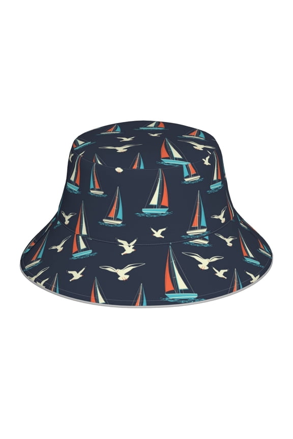 Sailboat And Seagull Print Reflective Bucket Hat,Outdoor Hat for Men and Women,Bucket Hat for Travel Fishing Hunting Summer Camp