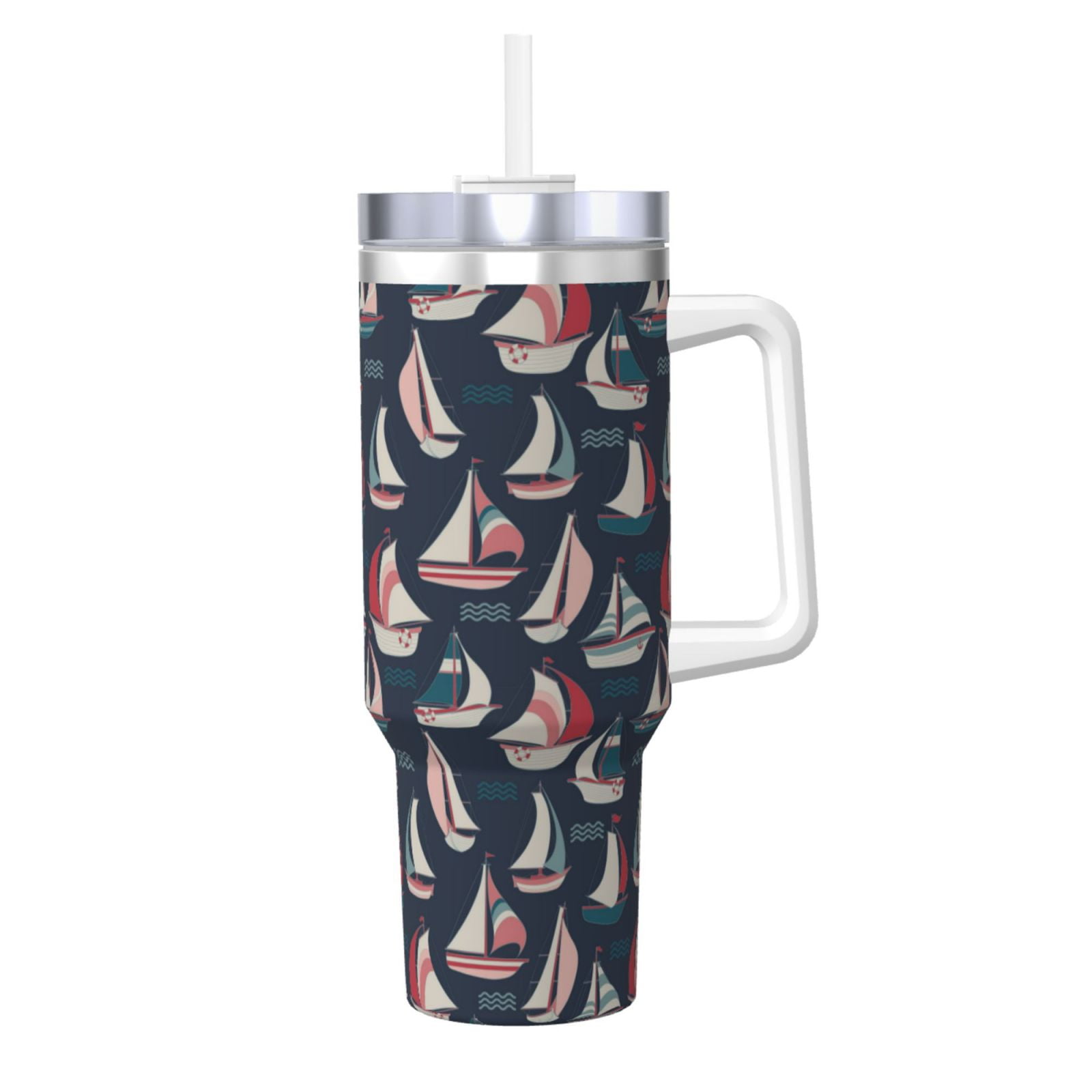 Fuzoiu Sailboat And Wave Print 40OZ Ice Bully Stainless Steel Insulated Cup with Handle and ...