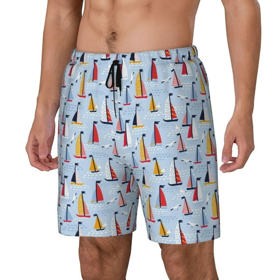 Fuzoiu Sailboats And Seagulls Print Men's Swim Shorts,Quick-Dry Double-Layer Swim Trunks,Board Trunks,Beach Shorts Swimwear Bathing Suits-Medium