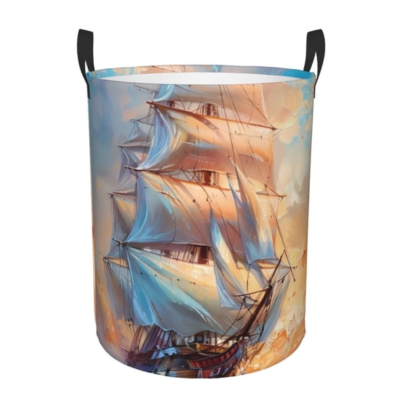 Fuzoiu Sailing Ship Ocean Sunset Print Circular Hamper,Laundry Basket with Handle,Collapsible Laundry,Dirty Clothes Storage Basket,for Bedroom Bathroom Dorm Living Room-Medium