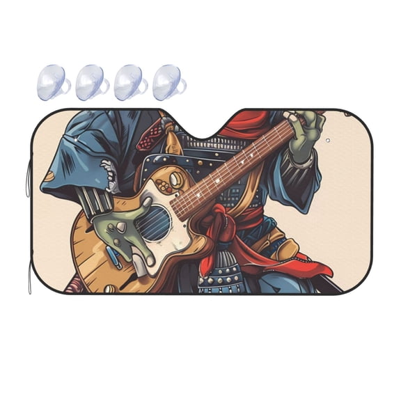 Fuzoiu Samurai Frog Guitar Print Car Windshield Sunshade,Foldable Reflective Sun Visor,Windshield Sun Shade,UV Rays Sun Visor Shade,Auto Front Sun Shield Shade-Medium
