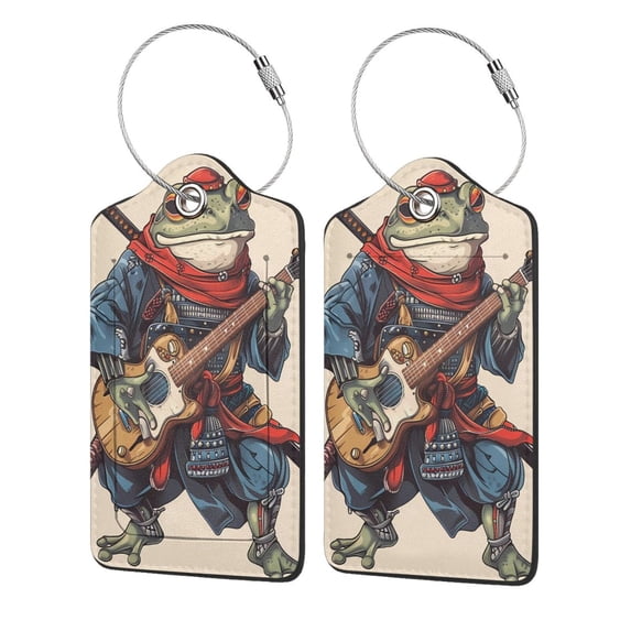 Fuzoiu Samurai Frog Guitar Print Premium Leather Luggage Tag,Travel Accessory,Luggage Tag for Suitcase Baggage Handbag Travel Bag,Name Card & Privacy Cover-1