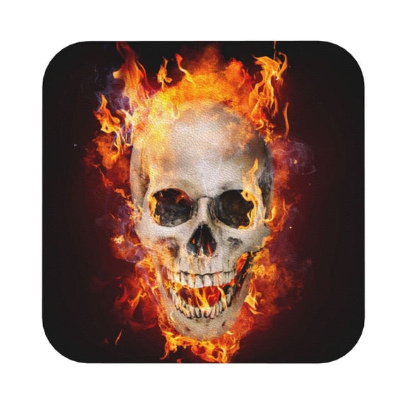 Fuzoiu Satanic Skull In Flames In The Darkness Print Leather Coasters Set,Drink Coasters Set of 6,for Tabletop Protection, Durable PVC Coasters,Home Décor and Housewarming Gift,Square