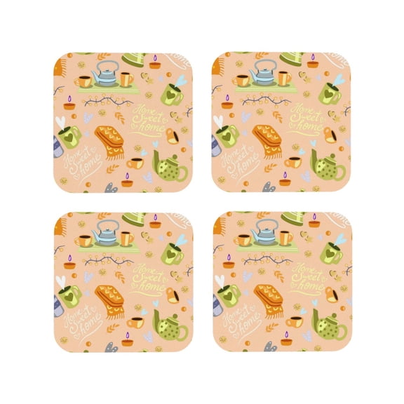 Fuzoiu Scandinavian Style Hygge Print Leather Coasters Set,Drink Coasters Set of 4,for Tabletop Protection, Durable PVC Coasters,Home Décor and Housewarming Gift-Square