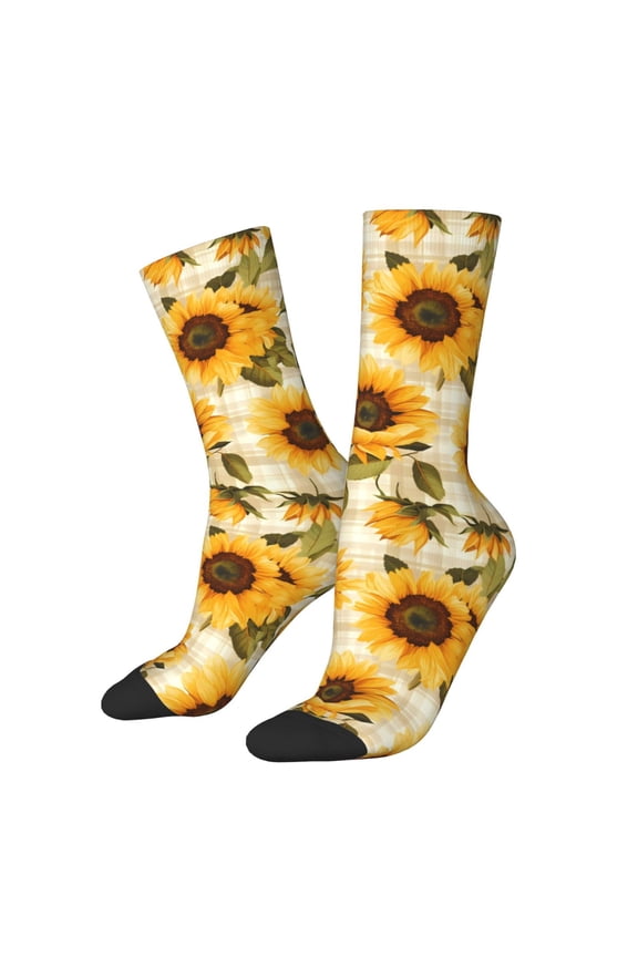 Scottish Plaid Sunflower Print Athletic Crew Socks for Men & Women,Casual Crew Socks,Above Ankle Crew Socks for Business, Casual