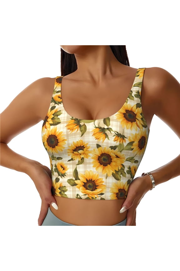 Scottish Plaid Sunflower Print Women's Sports Vest,U-Back Sports Tank,Gym Vests,Athletic Sleeveless Shirts,Exercise Undershirts,Yoga, Gym, and Dance Wear-Small