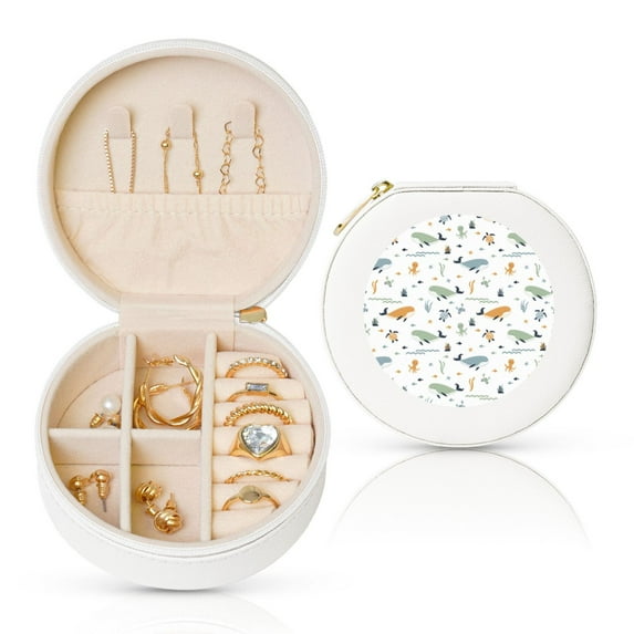 Fuzoiu Sea Creatures Print Portable Jewelry Box,Round Mini Leather Travel Jewelry Case,Small Travel Jewelry Organizer,Jewelry Holder for Ring Necklace Earring for Women Girls-White