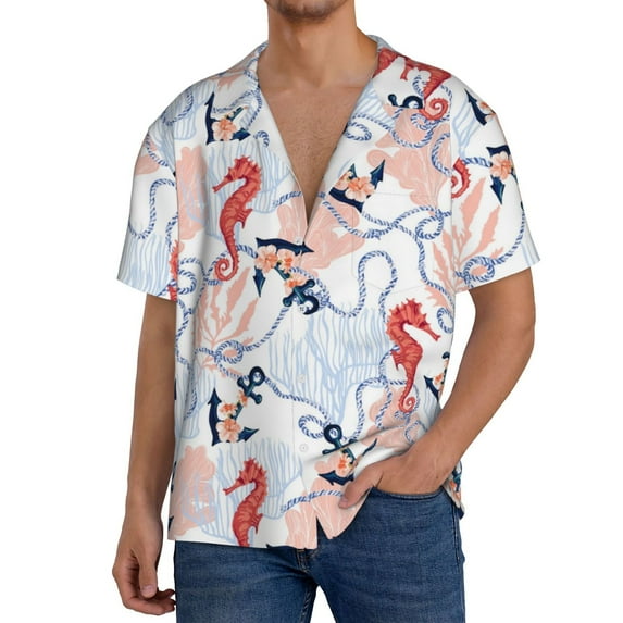 Fuzoiu Sea Horse And Corals Print Men's Casual Short,Men's Short Sleeve Shirt,Mens Casual Button Down Shirts,Cuban Collar Summer Shirt for Beach, Vacation, and Outdoor Activities-X-Large