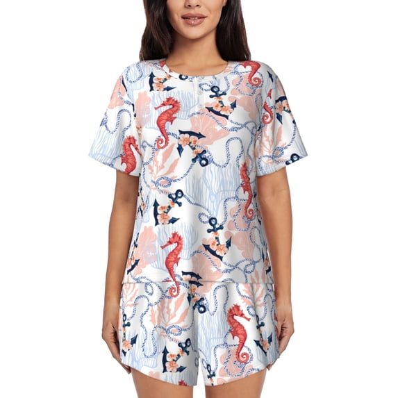 Fuzoiu Sea Horse And Corals Print Women's Short-Sleeved Pajama Set,Lounge Sleepwear Set,Womens Pajama Sets 2 Piece,Button-Up Top and Shorts with Pockets-Small