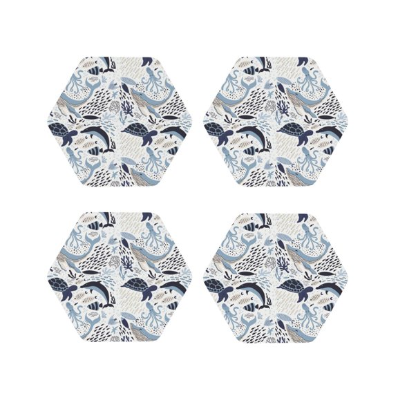 Fuzoiu Sea Life Elements Print Leather Coasters Set,Drink Coasters Set of 4,for Tabletop Protection, Durable PVC Coasters,Home Décor and Housewarming Gift-Hexagon