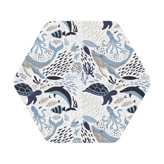 Fuzoiu Sea Life Elements Print Leather Coasters Set,Drink Coasters Set of 6,for Tabletop Protection, Durable PVC Coasters,Home Décor and Housewarming Gift,Hexagon