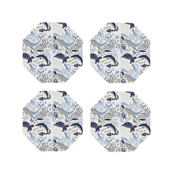 Fuzoiu Sea Life Elements Print Leather Coasters Set,Drink Coasters Set of 4,for Tabletop Protection, Durable PVC Coasters,Home Décor and Housewarming Gift-Octagon