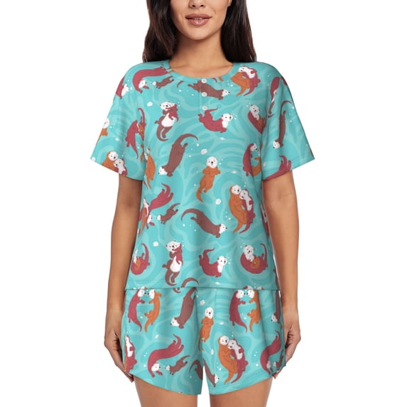 Fuzoiu Sea Otters Family In Blue Water Print Women's Short-Sleeved Pajama Set,Lounge Sleepwear Set,Womens Pajama Sets 2 Piece,Button-Up Top and Shorts with Pockets-3X-Large