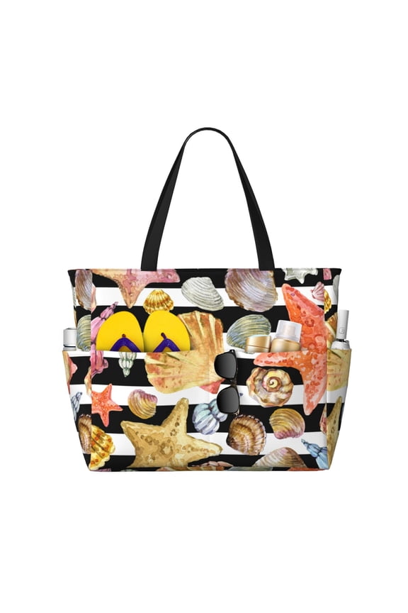 Sea Shell Print Waterproof Beach Tote Bag for Women Girls with Zipper,Sandproof Pool Swim Bag,Large Capacity Beach Travel Bag for Pool Swim Travel Everyday
