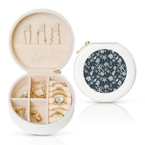 Fuzoiu Sea Shells 1 Print Portable Jewelry Box,Round Mini Leather Travel Jewelry Case,Small Travel Jewelry Organizer,Jewelry Holder for Ring Necklace Earring for Women Girls-White