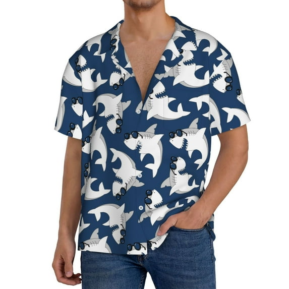 Fuzoiu Shark Print Men's Casual Short,Men's Short Sleeve Shirt,Mens Casual Button Down Shirts,Cuban Collar Summer Shirt for Beach, Vacation, and Outdoor Activities-X-Large
