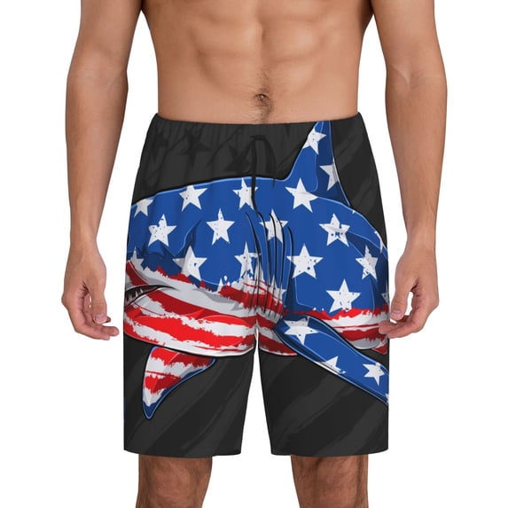 Fuzoiu Shark With USA Flag Print Pajama Shorts for Men, Men's Pajama Bottoms,Mens Lounge Sleepwear,Pajama Pants with Pocket-4X-Large