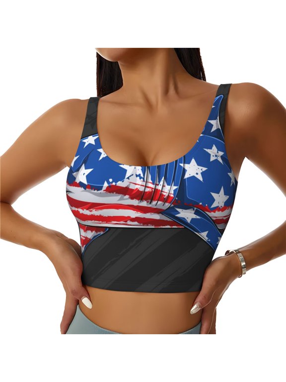 Shark With USA Flag Print Women's Sports Vest,U-Back Sports Tank,Gym Vests,Athletic Sleeveless Shirts,Exercise Undershirts,Yoga, Gym, and Dance Wear-Small