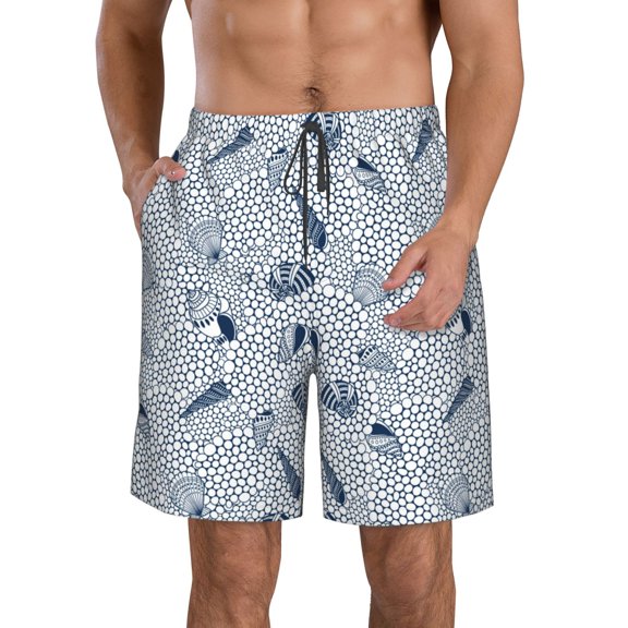 Fuzoiu Shells And Sand Print Men's Beach Shorts,Men's Swim Trunks,Quick Dry Board Shorts with Pockets,Men's Bathing Suits for Surfing, Running, and Casual Wear-Large