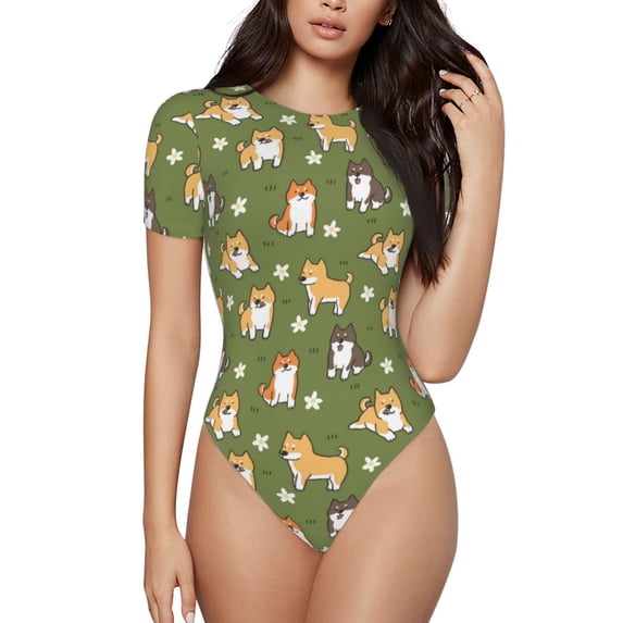Fuzoiu Shiba Inu Dog And Flower Print Women's Short-Sleeved Onesie, Short Sleeve Body Suits, Women Round Neck Bodysuits for Women,for Daily Wear, Parties, and Layering-XX-Large