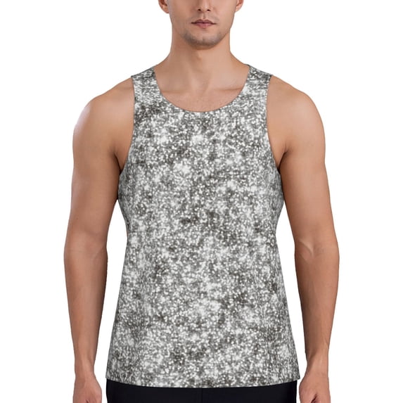 Fuzoiu Silver Glitter Print Men's Workout Tank Tops,Sleeveless Gym Shirt Quick Dry,Fitness Bodybuilding T-Shirt,Muscle Athletic Workout Tee-Large