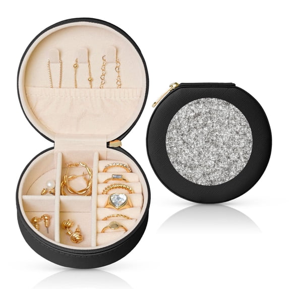 Fuzoiu Silver Glitter Print Portable Jewelry Box,Round Mini Leather Travel Jewelry Case,Small Travel Jewelry Organizer,Jewelry Holder for Ring Necklace Earring for Women Girls-Black