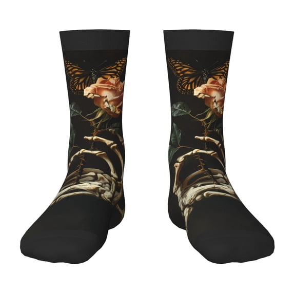 Fuzoiu Skeleton Hand Rose Butterfly Print Kids Socks For Boys Girls,Grip Crew Socks with Non Slip,Lightweight Stretch Crew Socks,Toddlers Crew Boot Socks