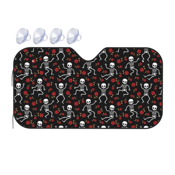 Fuzoiu Skeleton with Roses Print Car Windshield Sunshade,Foldable Reflective Sun Visor,Windshield Sun Shade,UV Rays Sun Visor Shade,Auto Front Sun Shield Shade-Small