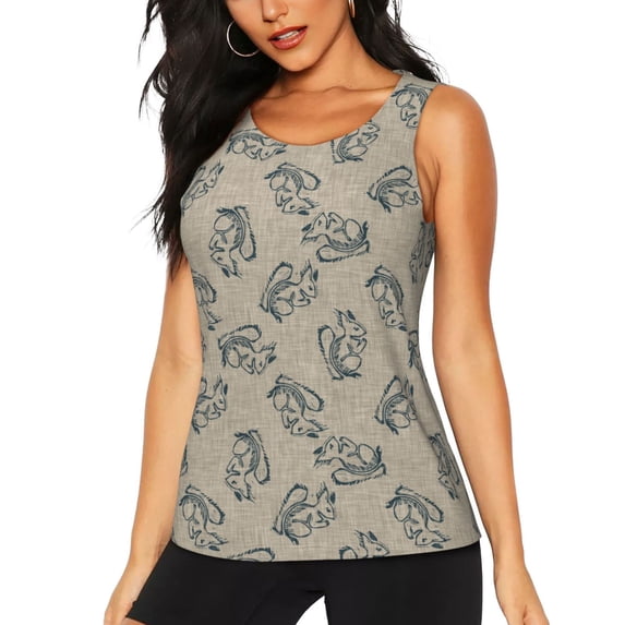 Fuzoiu Sketch Squirrels Linen Print Women's Workout Tank Top,Athletic Racerback Sports Tank,Tops Sleeveless Running Loose Fit Yoga Tops,Active Shirts for Yoga, Running, and Gym-X-Large
