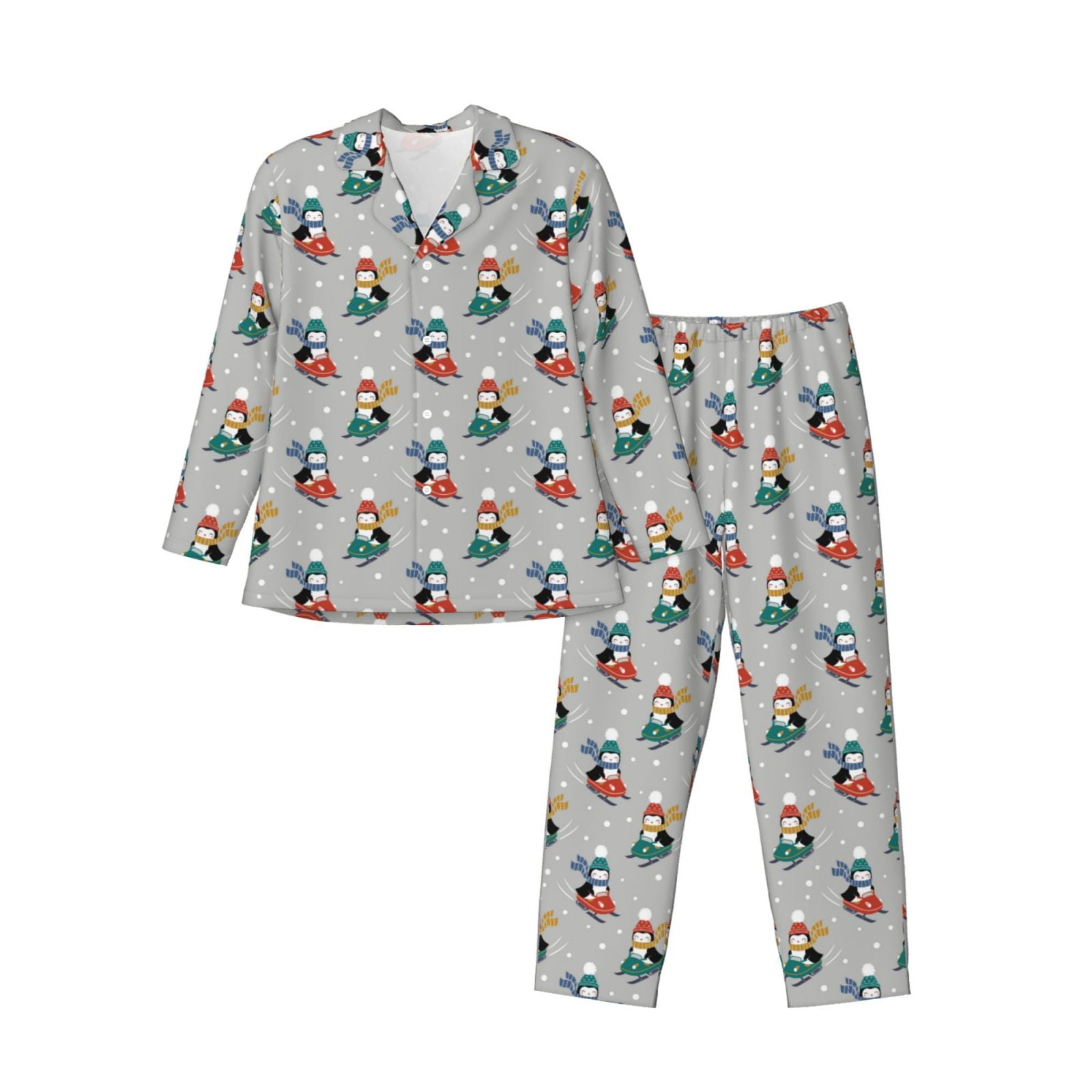 Fuzoiu Skiing penguin Print Men's Long-Sleeved Pajama,Lounge Button ...