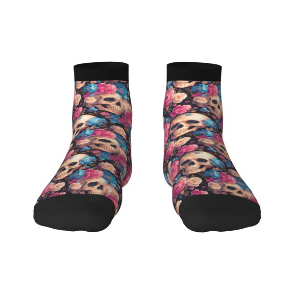 Fuzoiu Skull Blue Flower Print Adult Socks, Crew Moisture-wicking Socks, Unisex Cushion Crew Socks,Casual Sports Ankle Socks