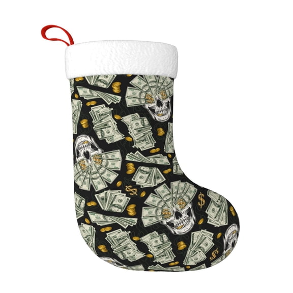 Fuzoiu Skull with Dollar Print Christmas Stockings, Party Supplies & Kids Gifts,Big Xmas Stockings Decoration for Family Decorations Hanging Ornament for Xmas Holiday Party