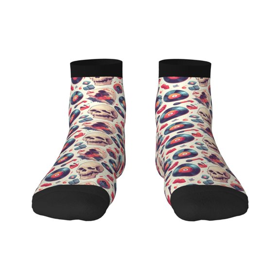 Fuzoiu Skull Guitar record lips Print Adult Socks, Crew Moisture-wicking Socks, Unisex Cushion Crew Socks,Casual Sports Ankle Socks