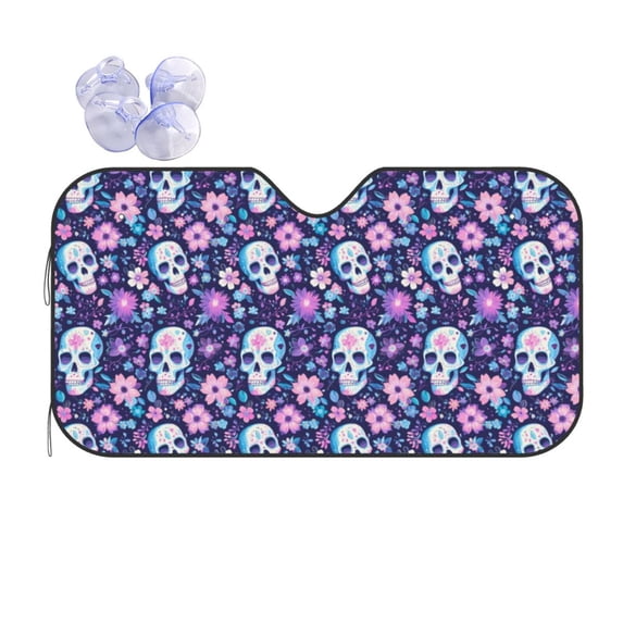 Fuzoiu Skull Purple Flower Print Car Windshield Sun Shade,Block Uv Rays Sunshade,Foldable Front Window Sun Visor Protector for Car,SUV,Truck-Keep Vehicle Cool-Skull Purple Flower