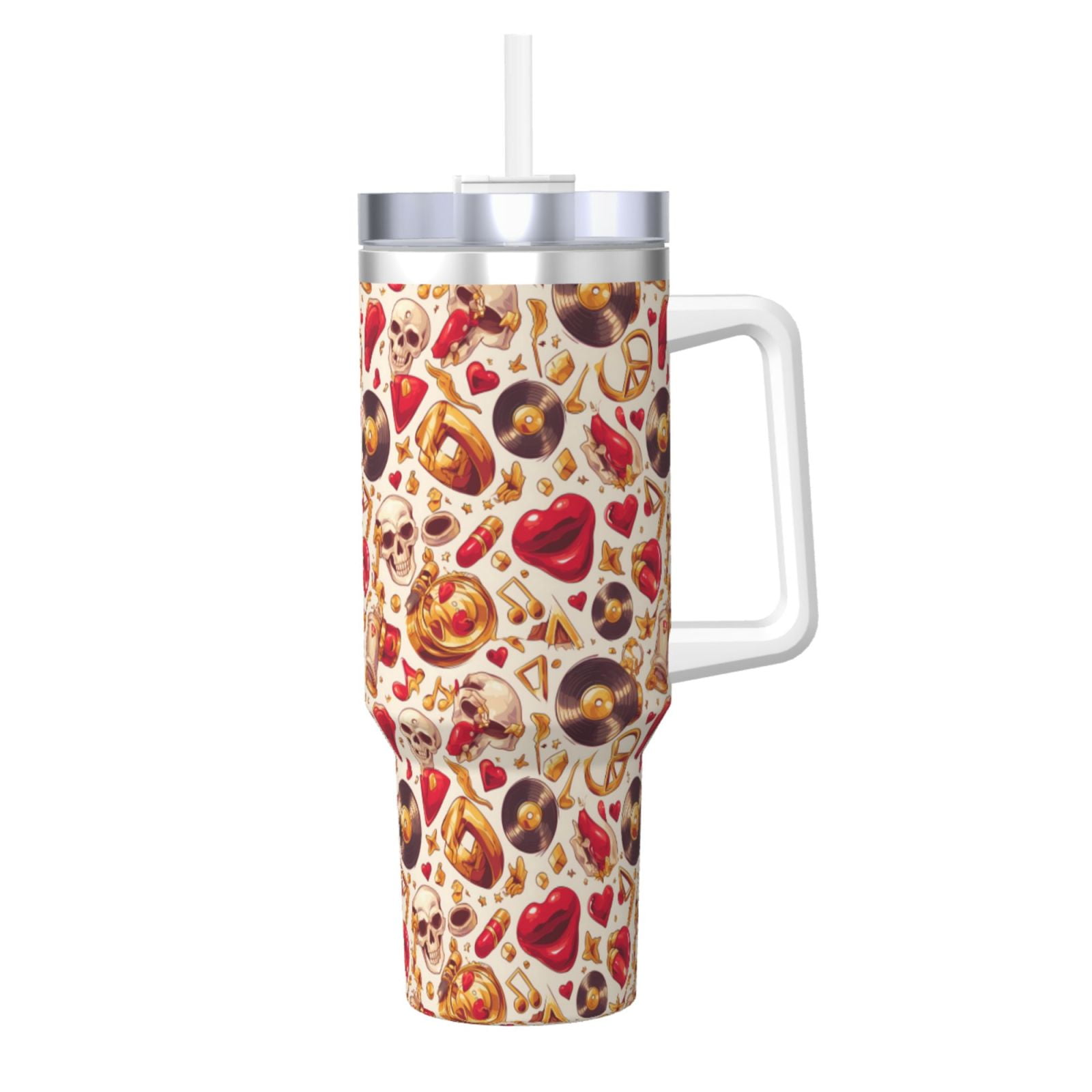 Fuzoiu Skull Retro record lips Print 40OZ Ice Bully Stainless Steel Insulated Cup with Handle ...