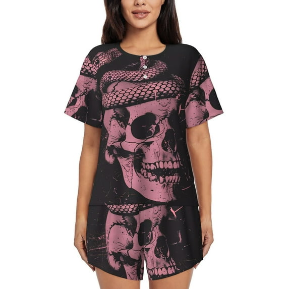 Fuzoiu Skull and Snake Art Print Women's Short-Sleeved Pajama Set,Lounge Sleepwear Set,Womens Pajama Sets 2 Piece,Button-Up Top and Shorts with Pockets-4X-Large