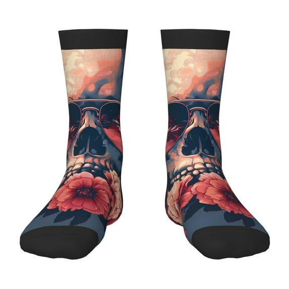 Fuzoiu Skull With Roses And Sunglasses Print Kids Socks For Boys Girls,Grip Crew Socks with Non Slip,Lightweight Stretch Crew Socks,Toddlers Crew Boot Socks
