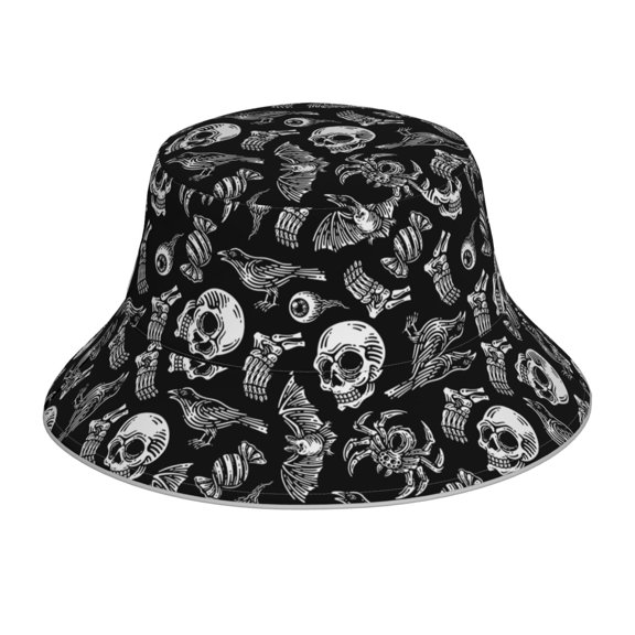 Fuzoiu Skull bird bat spider Print Reflective Bucket Hat,Outdoor Hat for Men and Women,Bucket Hat for Travel Fishing Hunting Summer Camp