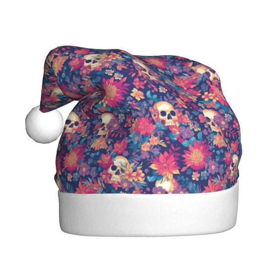 Fuzoiu Skull colorful flower daisy Print Santa Hat Christmas Hat for Adults,Santa Hats with Pompom, Unisex Xmas Holiday Hat for Christmas New Year Festive Party Supplies