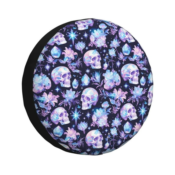 Fuzoiu Skull crystal flower Print Universal Spare Tire Cover with Buckle Strap, Waterproof Wheel Covers for Jeep, Trailer, RV, Truck and All Car-17 inch