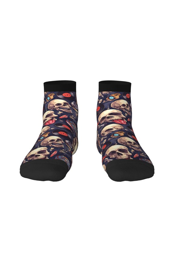 Skull record rock Print Adult Socks, Crew Moisture-wicking Socks, Unisex Cushion Crew Socks,Casual Sports Ankle Socks