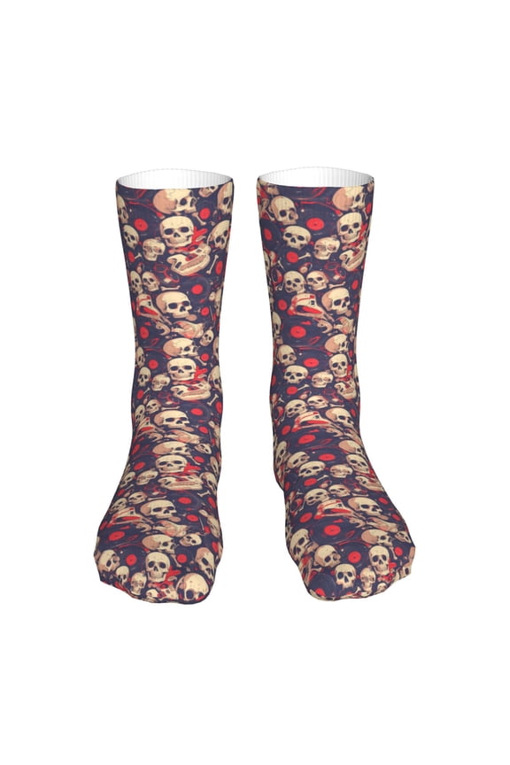 Skull rock music record Print Crew Socks,Casual Athletic Gym LightWeight Thin Socks,Casual Crew Socks for Men Woman,Calf Length Crew Socks