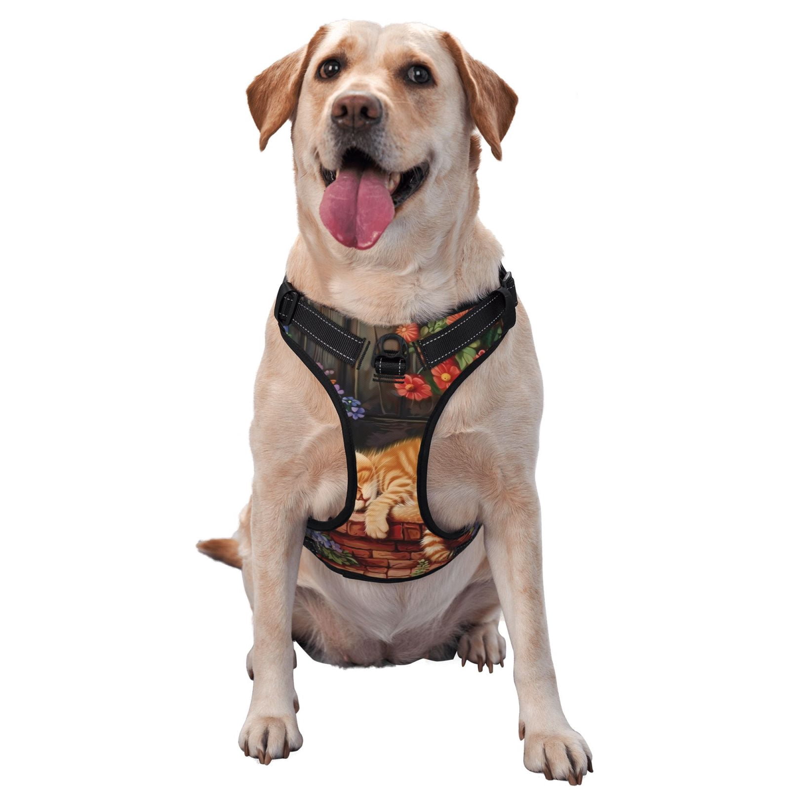 Fuzoiu Sleeping Cat Flowers Print Reflective Dog Harness,Adjustable, Breathable Pet Vest,Dog Harness No Pull,No Choke Pet Vest for Small, Medium, and Large Dogs-Medium