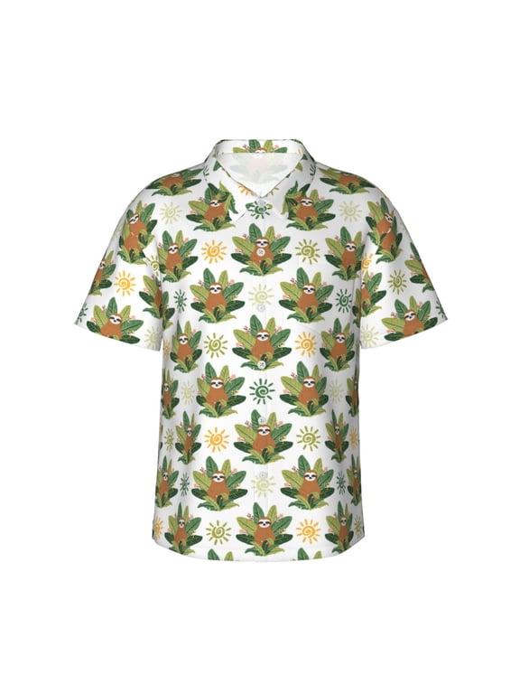 Sloth Sitting Tropical Leaves Print Hawaiian Shirt for Men, Summer Beach Casual Short Sleeve Button Down Shirts, Men’s Beach Summer Shirts with Pocket,X-Large