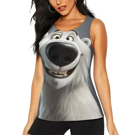 Fuzoiu Smiling Polar Bear Print Women's Workout Tank Top,Athletic Racerback Sports Tank,Tops Sleeveless Running Loose Fit Yoga Tops,Active Shirts for Yoga, Running, and Gym-Medium